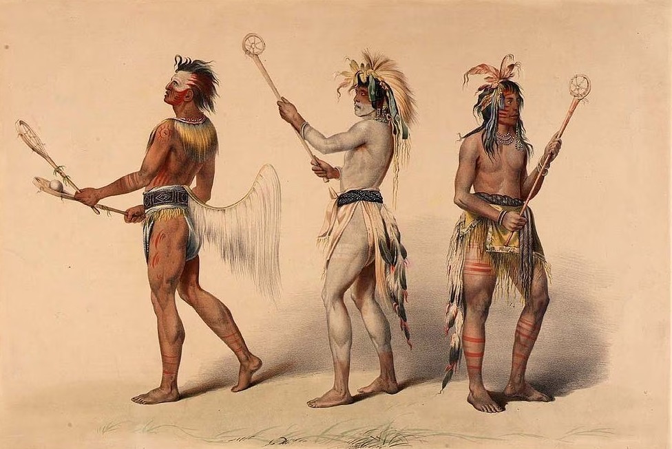 Painting of three Indigenous stickball players holding their sticks