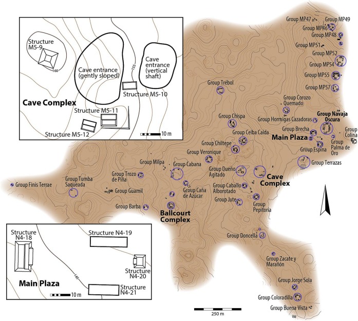 Site map and excavation plan of ballcourt complexes at Nacimiento, Petén
