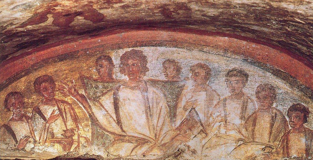 Early Christian fresco of Christ and the apostles, Roman catacomb