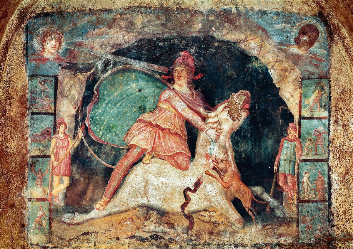 Mithraic tauroctony mural — Mithras slaying the bull